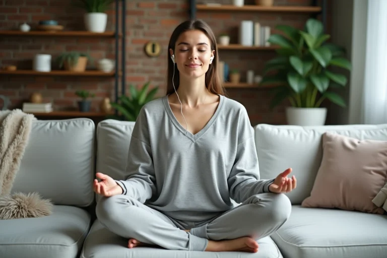 Femme méditant dans un salon moderne et paisible