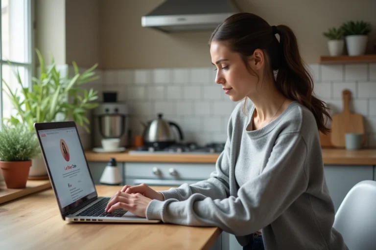 Femme assise à une table avec un ordinateur affichant Le Bon Coin
