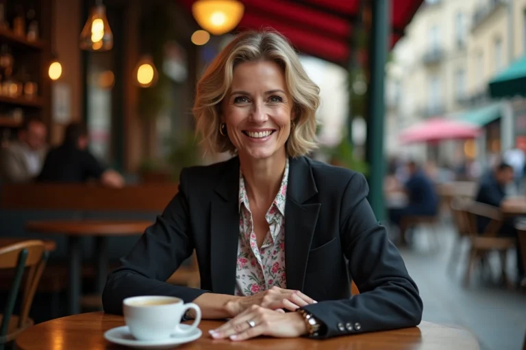 Femme élégante en blazer dans un café parisien