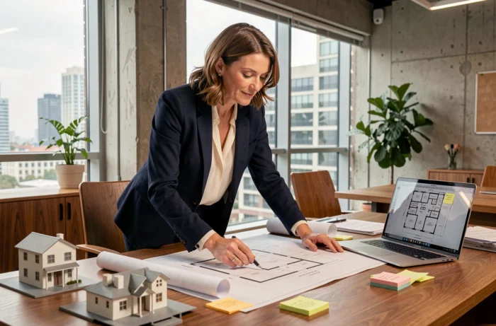 Femme professionnelle de l'immobilier examinant des plans architecturaux dans un bureau moderne en 2024