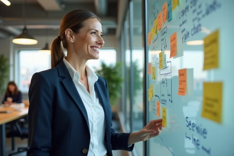 Femme professionnelle présentant une stratégie de services innovants sur un tableau blanc dans un bureau moderne et collaboratif