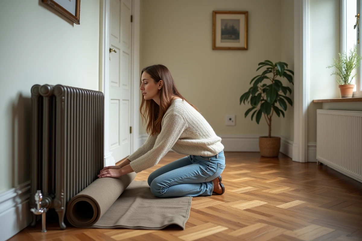 Jeune femme posant un tapis de protection sous un radiateur dans un couloir en parquet