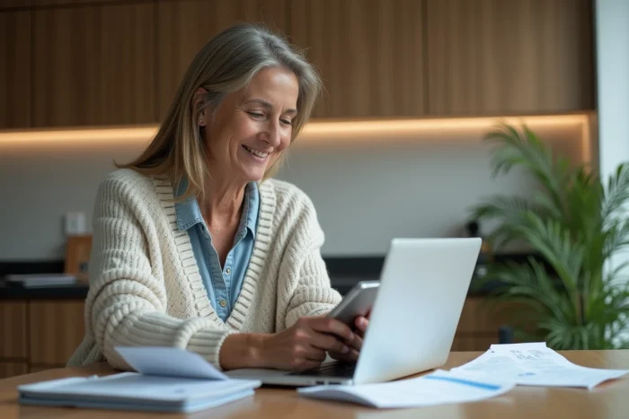 Femme souriante utilisant son smartphone pour chercher un professionnel de santé
