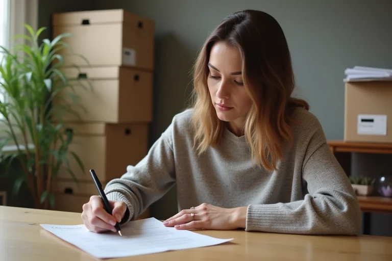 Femme signant un contrat de location dans un intérieur cosy