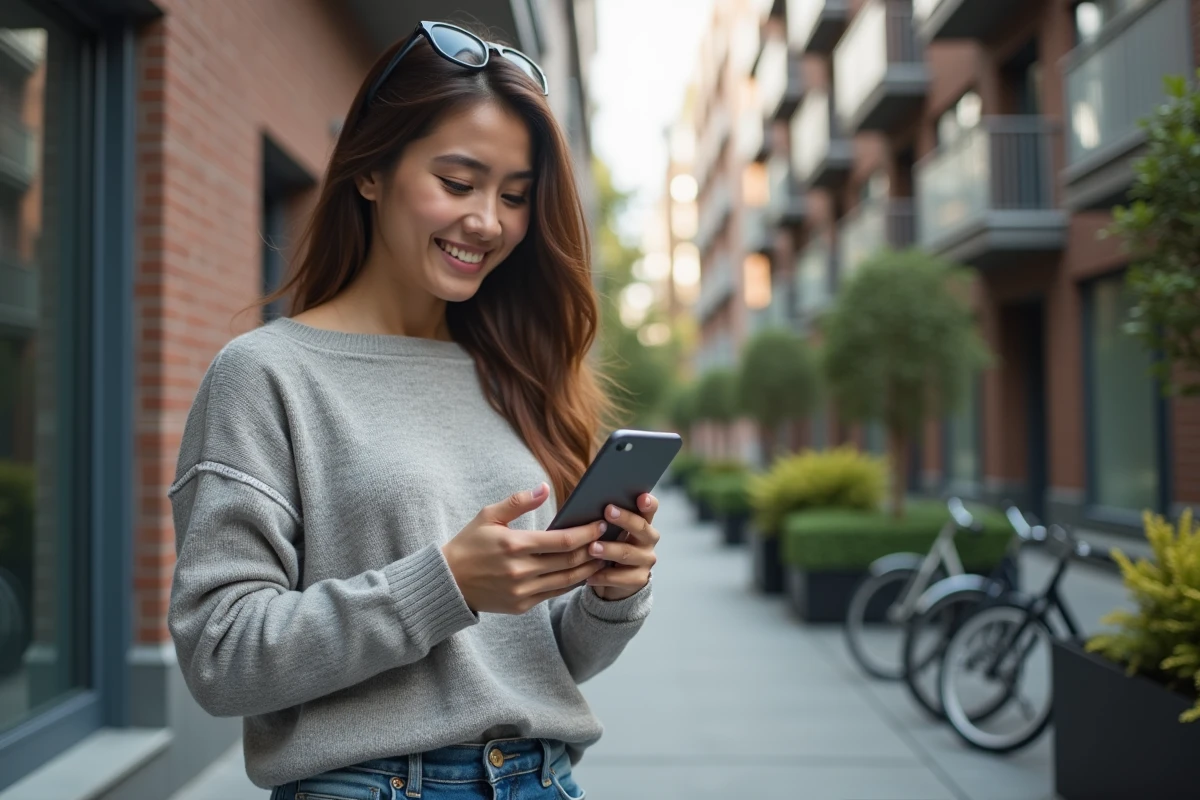 Jeune femme dehors vérifiant le site Palixi sur son smartphone