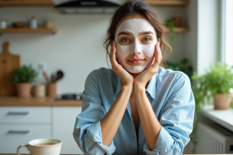 Femme appliquant un masque raffermissant sous le menton