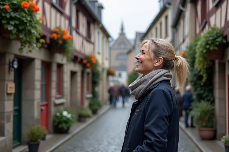 Femme souriante en imper et foulard à Quimper
