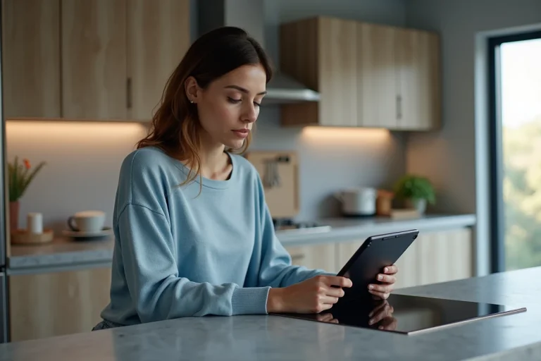 Femme lisant un manuel numérique dans une cuisine moderne
