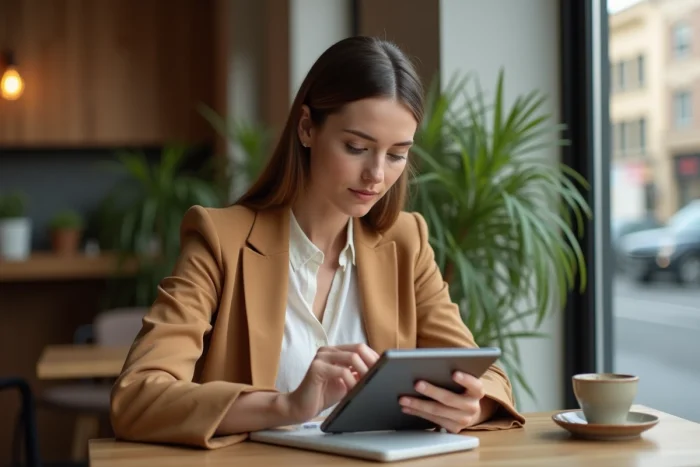 Femme élégante consultant les dernières tendances lifestyle sur une tablette dans un café scandinave contemporain