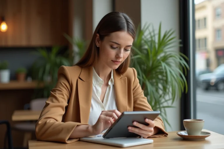 Femme élégante consultant les dernières tendances lifestyle sur une tablette dans un café scandinave contemporain