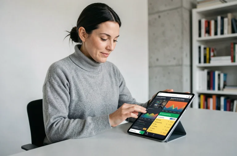 Femme consultant les dernières tendances numériques sur une tablette dans un bureau moderne et minimaliste