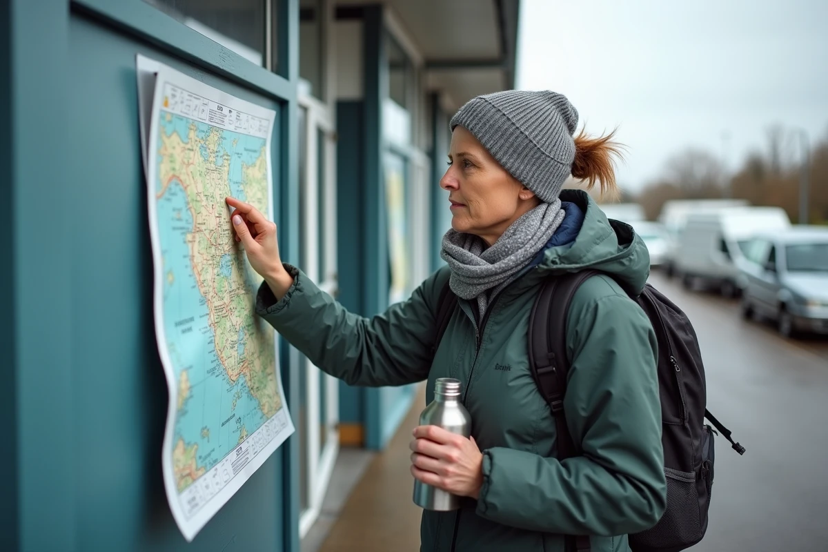 Femme voyageuse utilisant une carte près d une douche extérieure