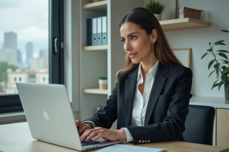 Femme d affaires travaillant sur un ordinateur dans un bureau lumineux