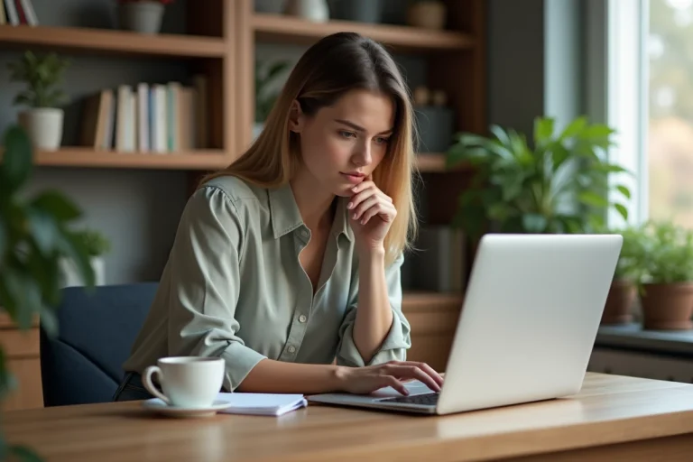 Jeune femme concentrée devant son ordinateur à la maison