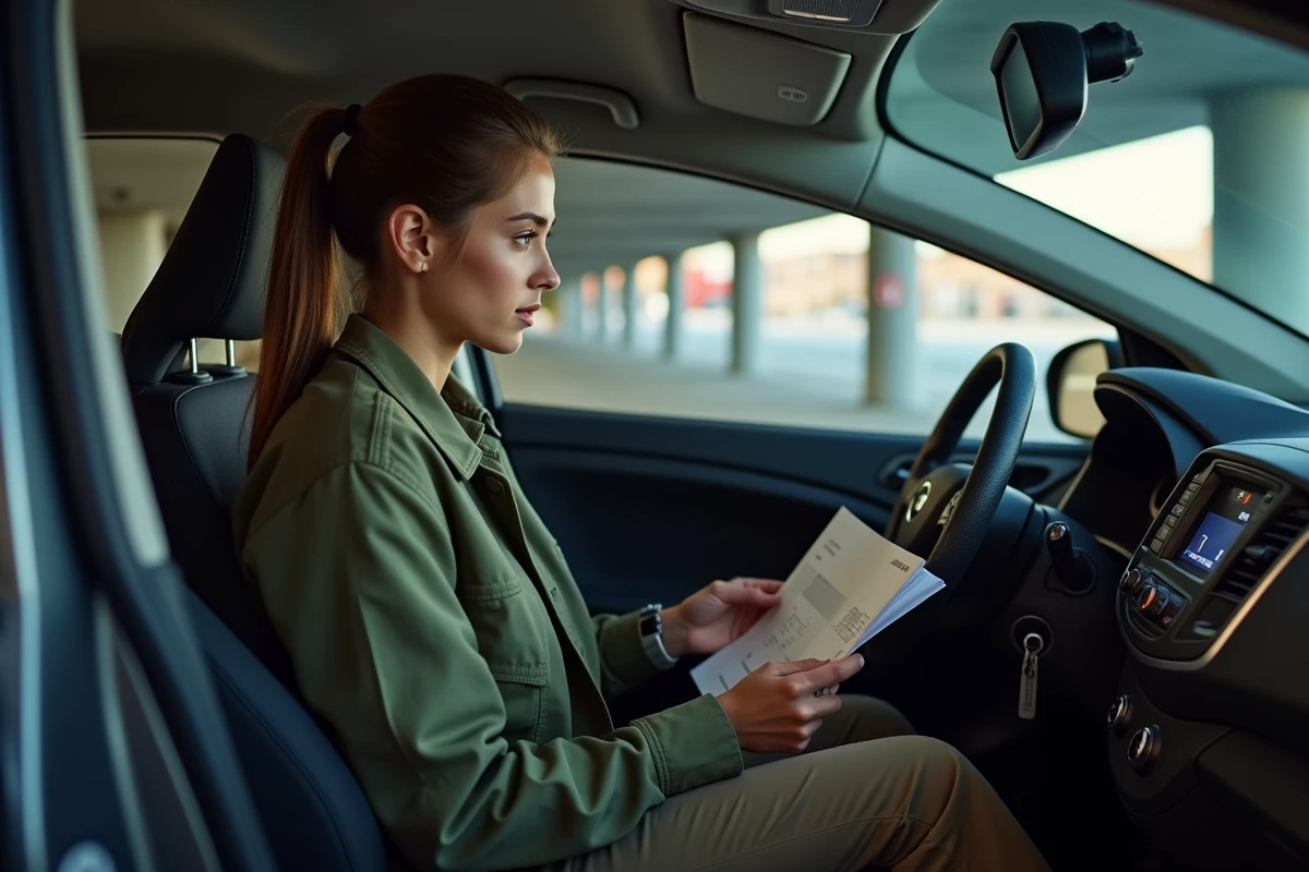 Femme dans une voiture en parking souterrain regardant le tableau de bord