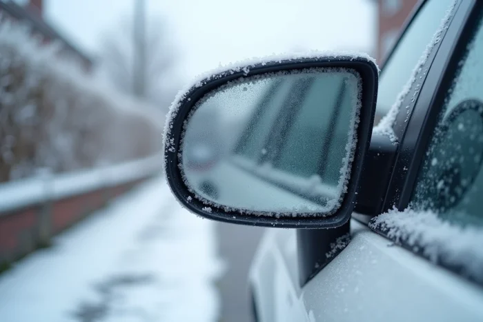 Gros plan d'un rétroviseur de voiture recouvert de givre avec le dégivrage en cours sur une rue résidentielle en hiver