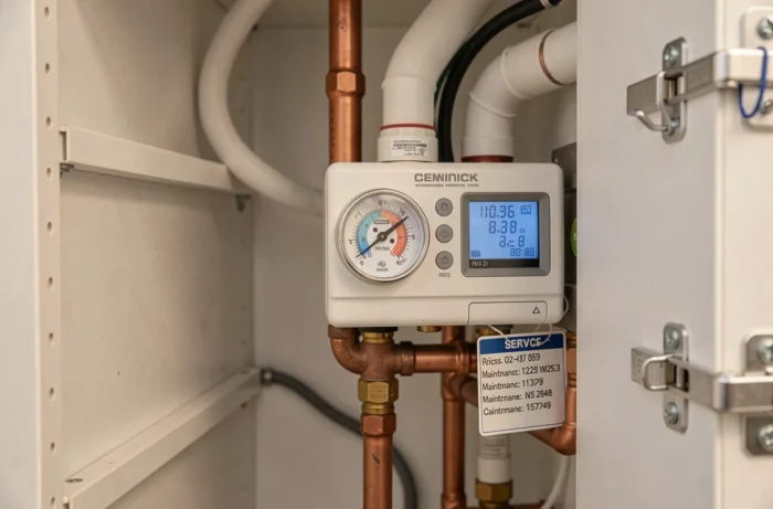 Gros plan sur le tableau de bord et les raccordements d'une chaudière à condensation lors d'un contrôle technique avant achat