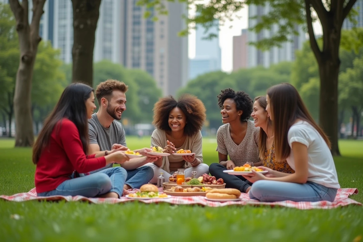 Jeunes divers partageant un pique-nique en ville