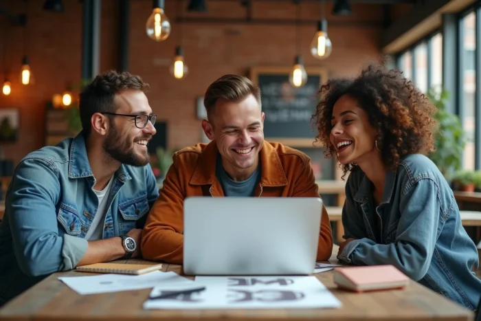 Groupe d'amis tendance discutant des dernières actualités lifestyle autour d'une table dans un espace de coworking urbain