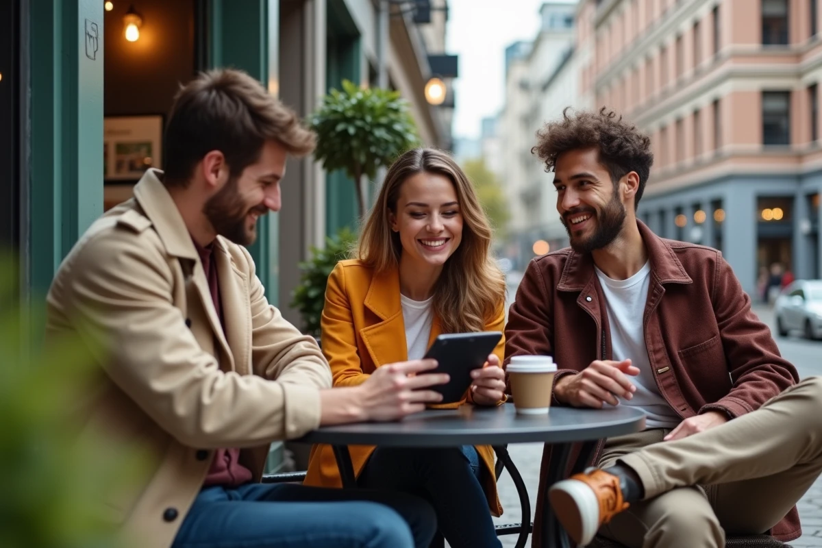 Groupe de jeunes adultes discutant autour d’un café en ville
