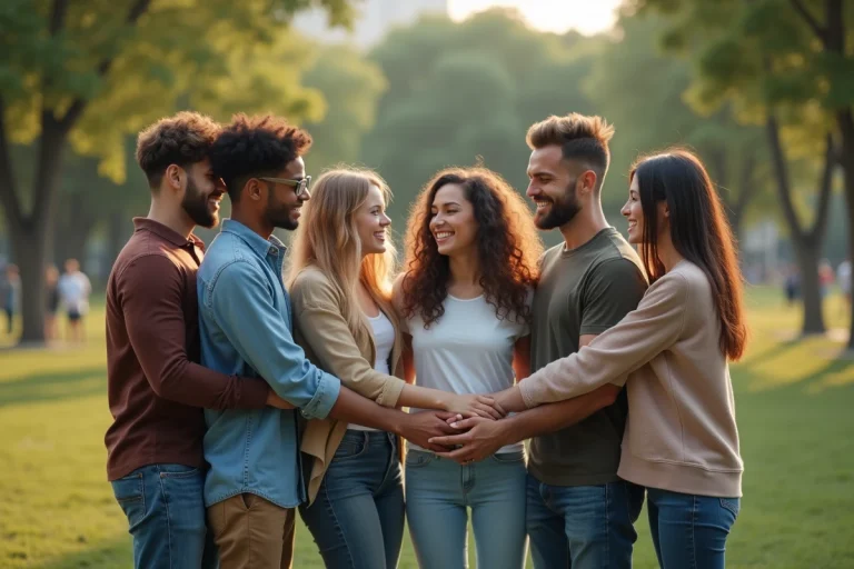 Groupe divers d'adultes et adolescents dans un parc urbain