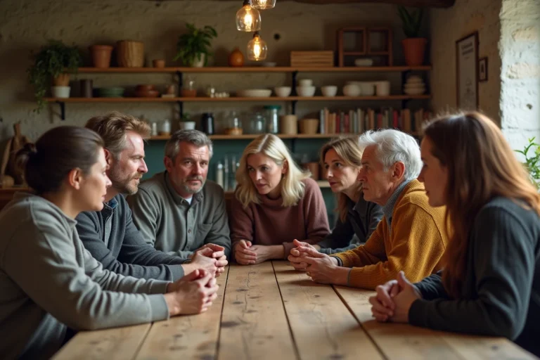 Groupe de six adultes en discussion dans une maison chaleureuse