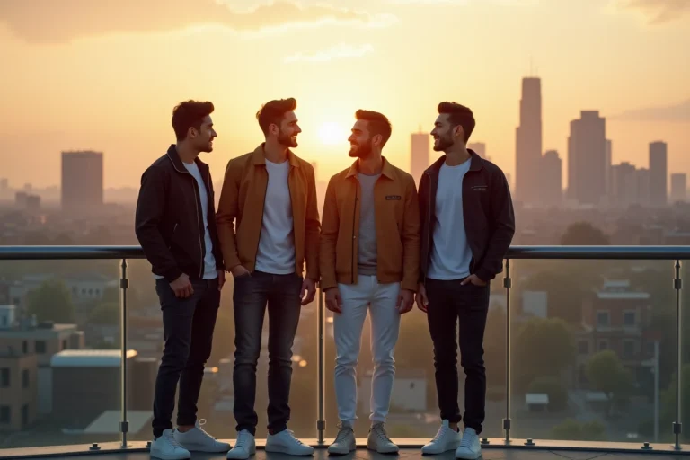 Groupe de jeunes hommes urbains au coucher de soleil
