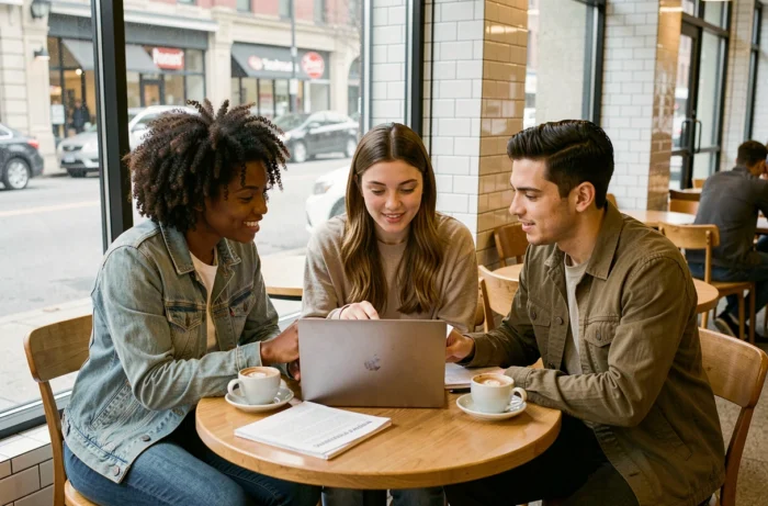 Groupe de jeunes professionnels étudiant ensemble une formation en ligne autour d'un ordinateur portable dans un café urbain