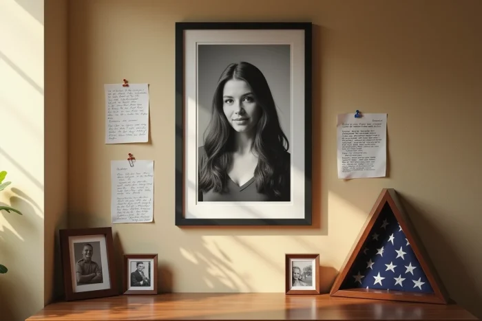 Hommage mémorial encadré avec photo en noir et blanc, drapeau américain et notes personnelles sur un mur de bureau