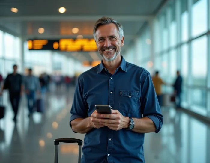 Homme à l'aéroport vérifiant la confirmation de paiement échelonné pour son voyage sur smartphone