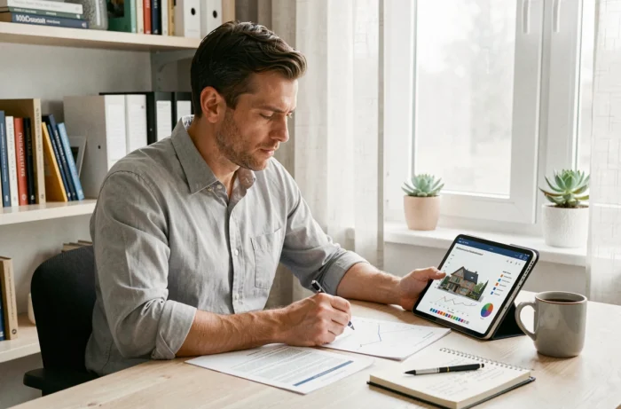 Homme analysant des données et documents pour un investissement immobilier depuis son bureau à domicile