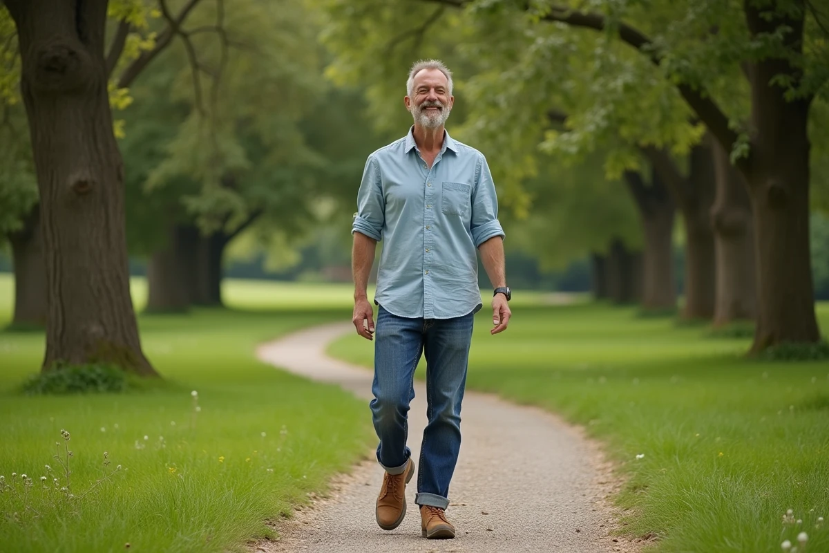 Homme en jeans marchant dans un parc verdoyant