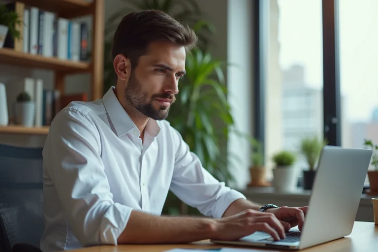 Homme en bureau moderne avec ordinateur et plantes