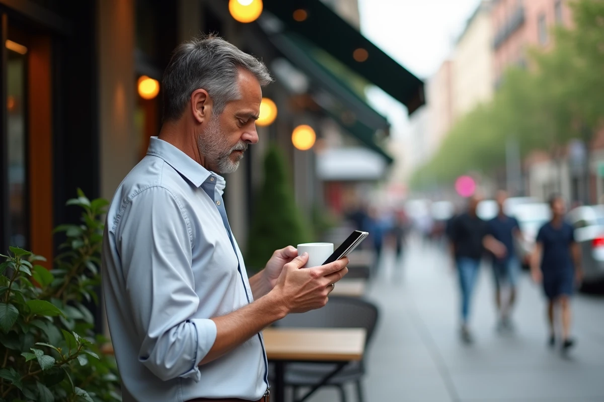 Homme lisant des actualités technologiques au café en ville