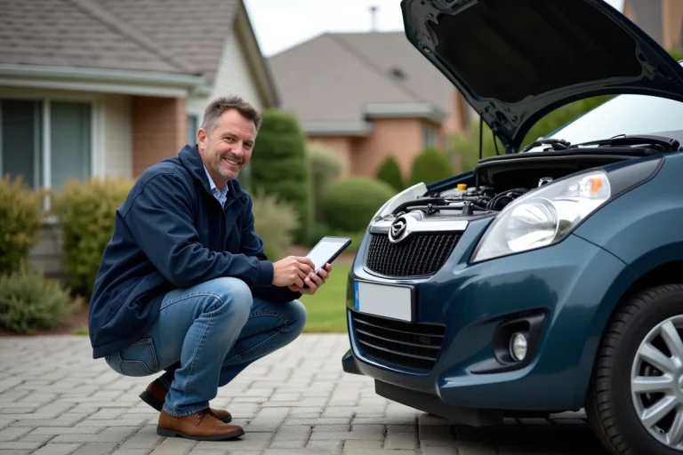 Homme en jeans et coupe-vent bleu vérifiant un diagnostic auto