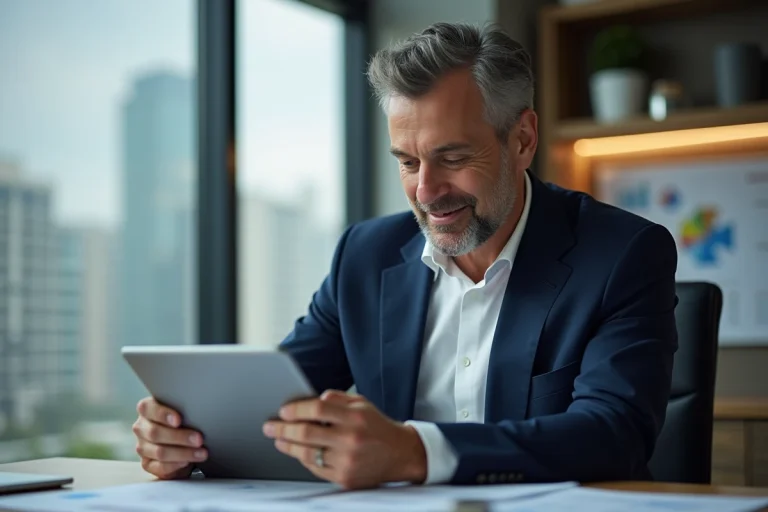 Homme d'affaires confiant avec tablette et graphiques