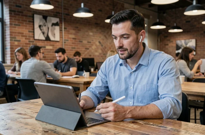 Homme en cours de formation en ligne dans un espace de coworking moderne avec une tablette et des écouteurs sans fil