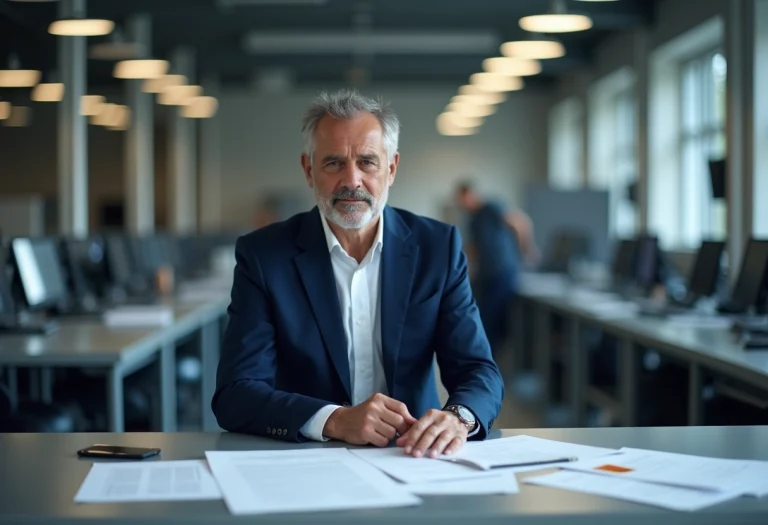 Homme français en costume dans un espace industriel moderne