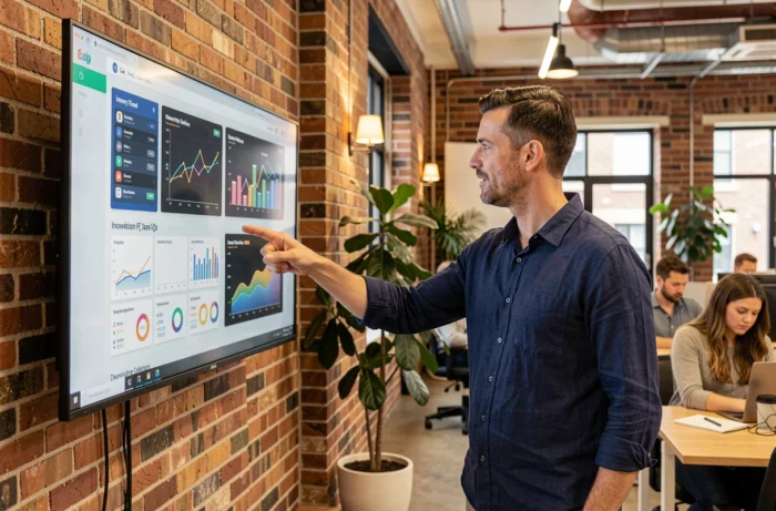 Homme présentant des innovations numériques et des tendances technologiques sur un grand écran dans un espace de coworking