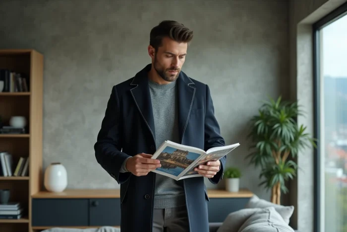 Homme moderne feuilletant un magazine lifestyle dans un appartement contemporain au design minimaliste