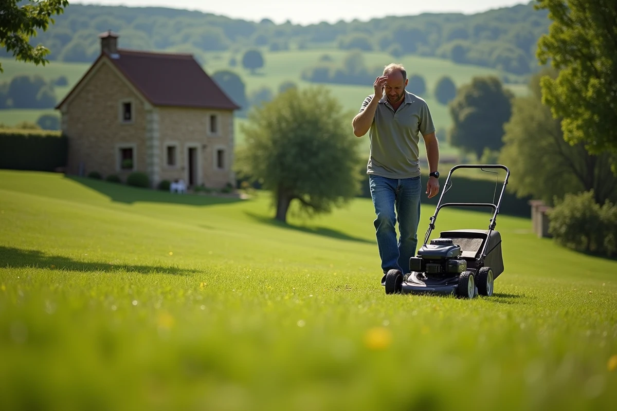 Homme d age moyen après avoir tond la pelouse dans son jardin rural