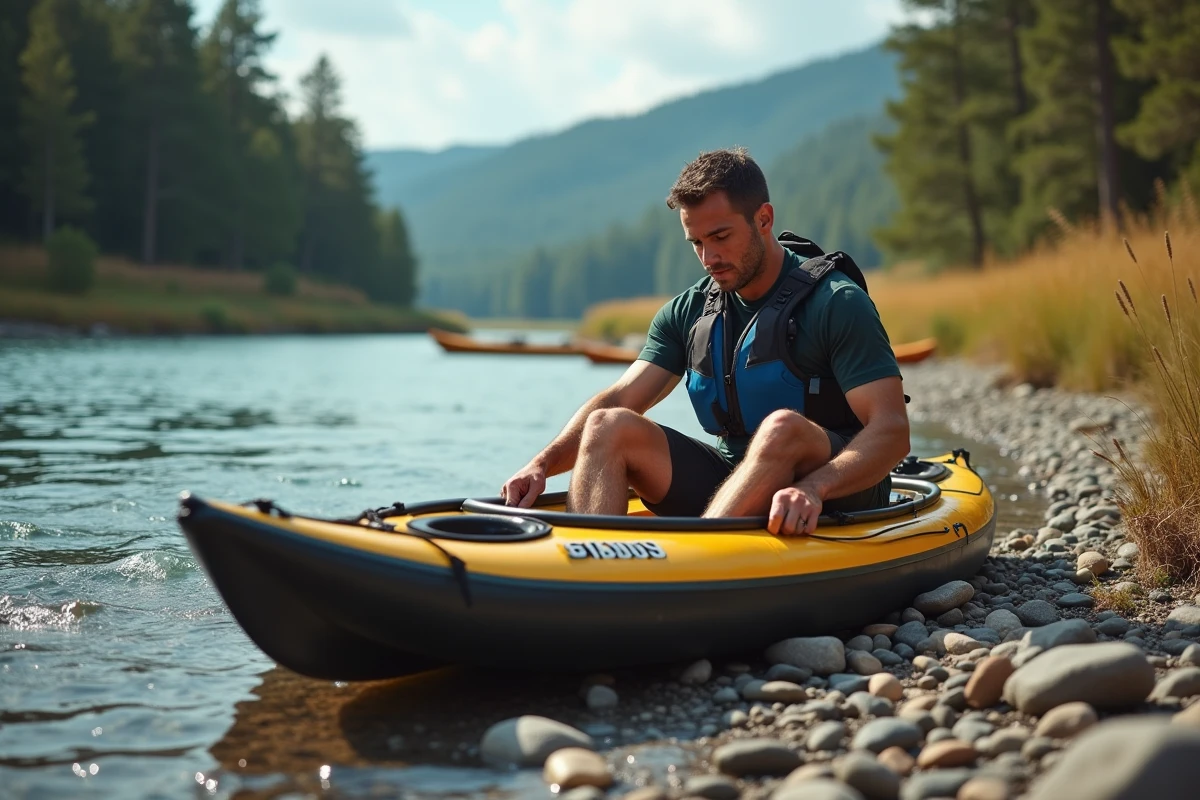 Homme ajustant son kayak sur la rive de la rivière