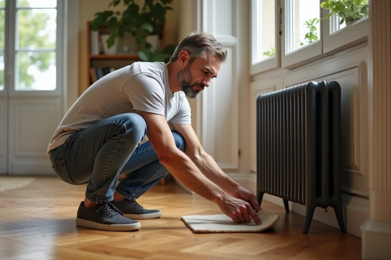 Homme posant un tapis sous un radiateur en bois dans un salon lumineux