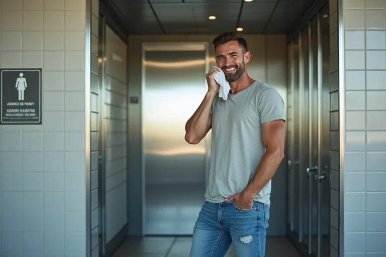 Homme détendu devant une douche de service moderne
