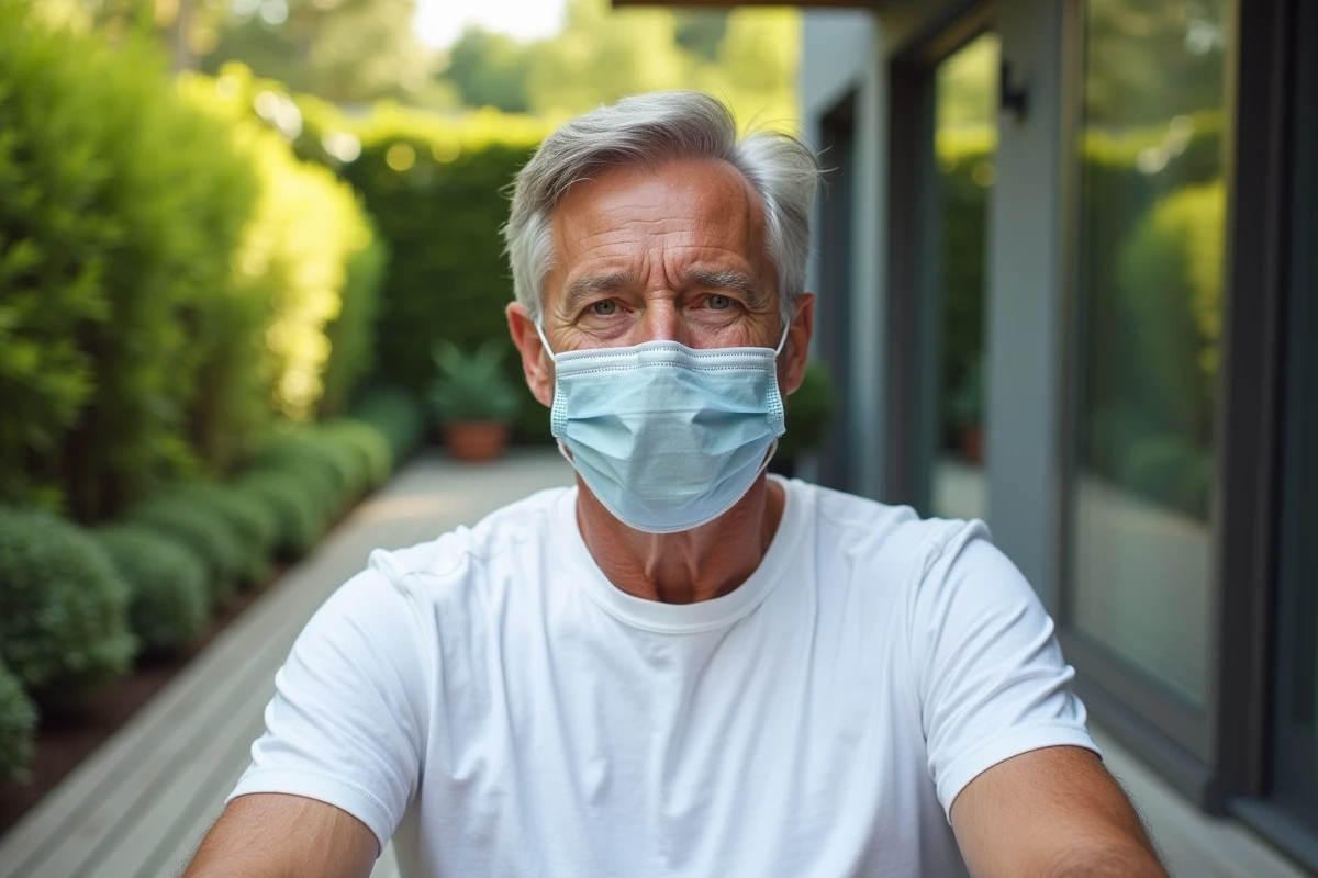 Homme détendu portant un masque en tissu en extérieur