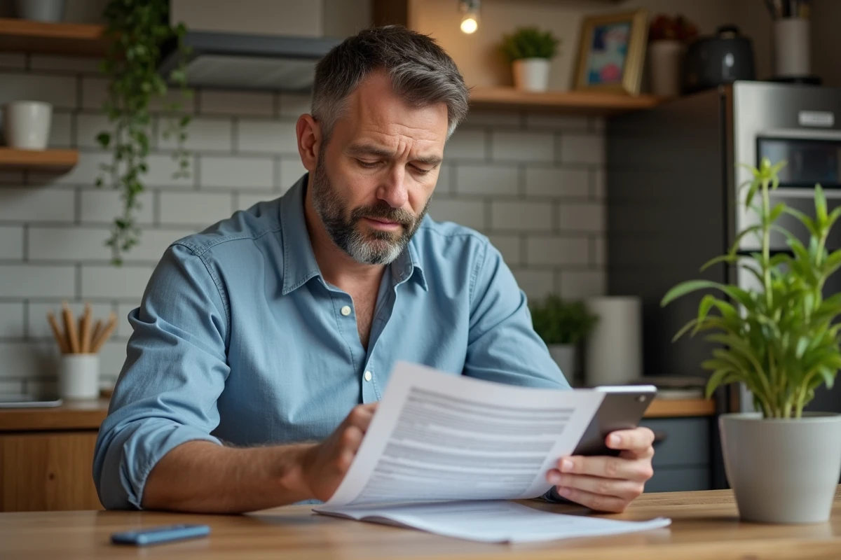 Homme examinant un document immobilier à la maison