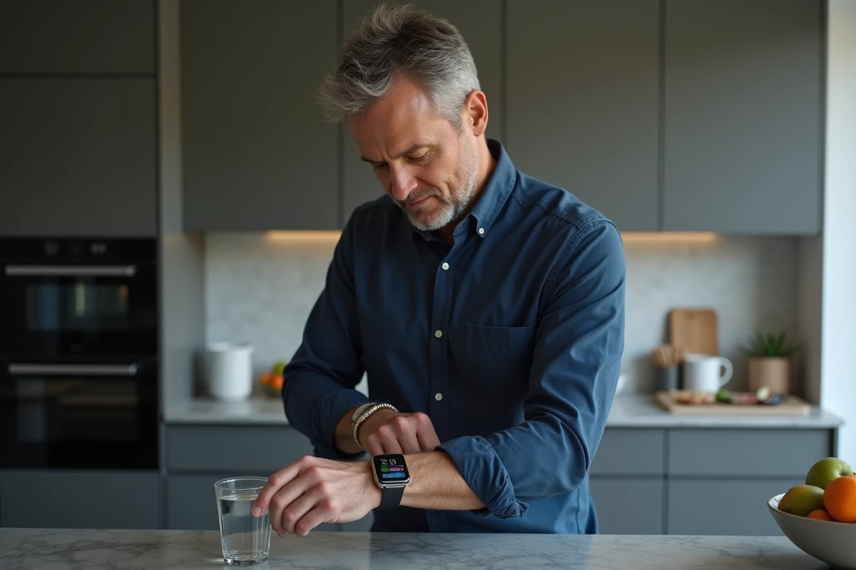 Homme vérifiant ses données de santé avec une montre connectée