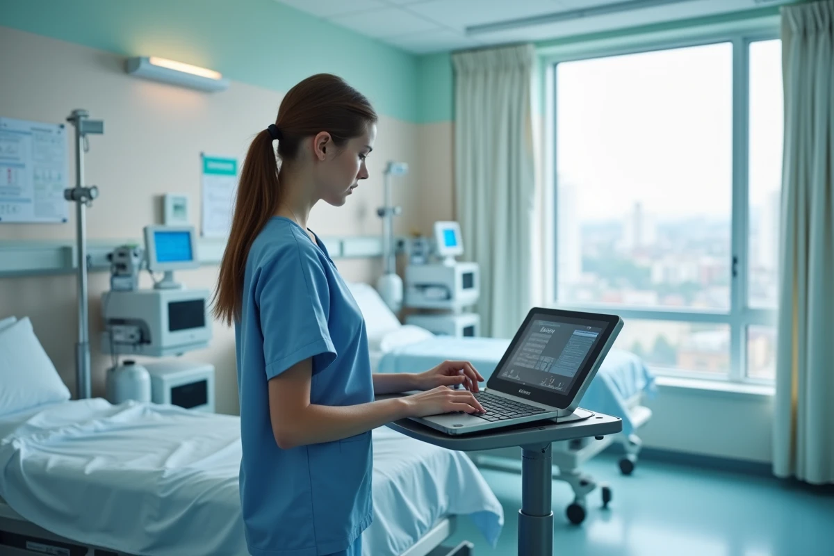 Jeune infirmière utilisant un dispositif médical dans une chambre