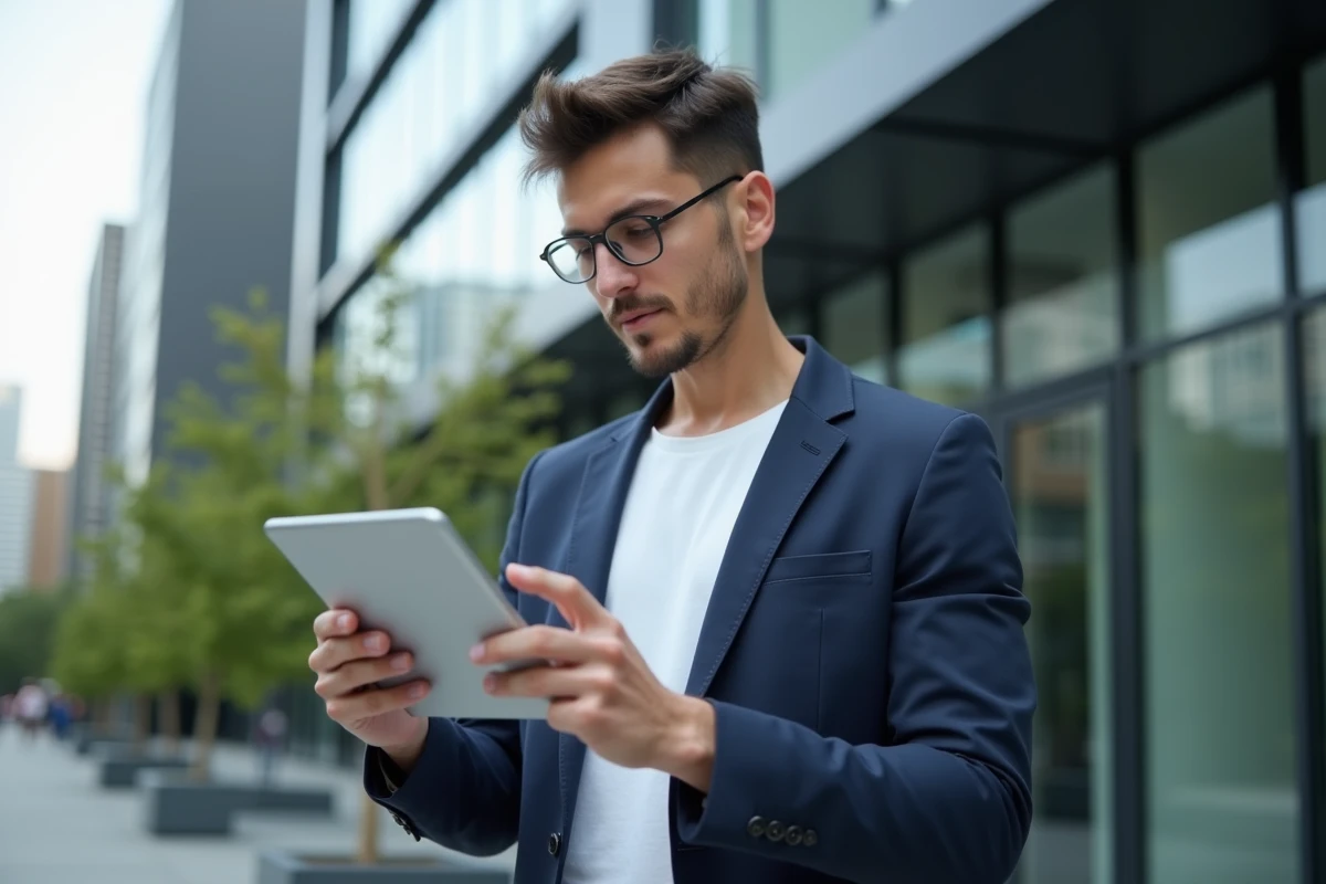 Jeune entrepreneur vérifiant des analyses digitales en extérieur