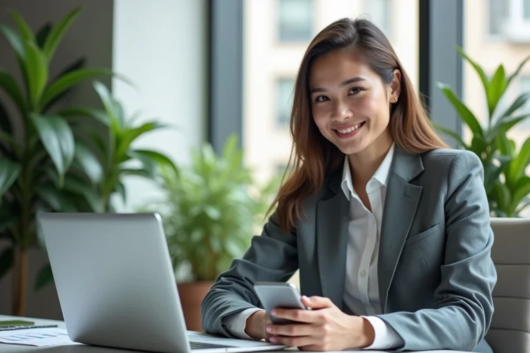 Jeune femme professionnelle travaillant sur un bureau moderne
